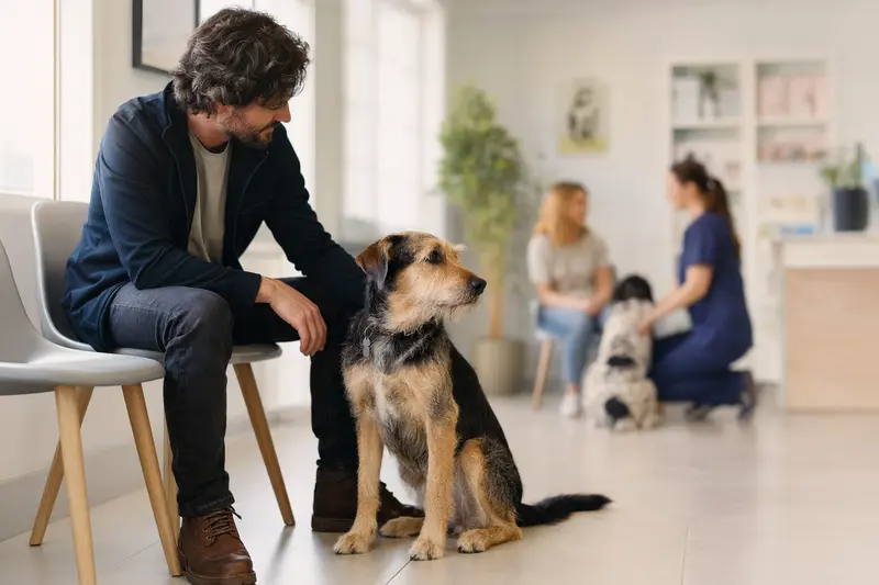 Ein Paleiyakaran Hund sitzt ruhig neben seinem Besitzer im hellen Wartezimmer einer modernen Tierarztpraxis.